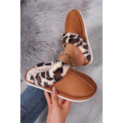 Chestnut Leopard Patched Plush Lined Thick Home Slippers