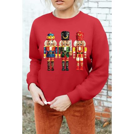 Red Christmas Metallic Nutcracker Graphic Crew Neck Sweatshirt