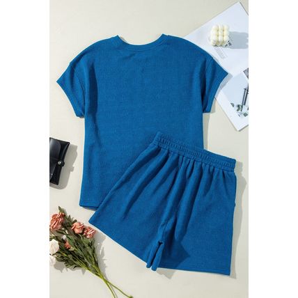 Bluing Solid Textured Crew Neck Short Set