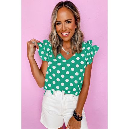 Green Polka Dot Print Ruffled Sleeve V Neck Blouse