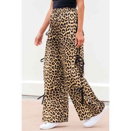 Brown Leopard Print Bow Tie Drawstring Elastic Waist Loose High Waist Pants