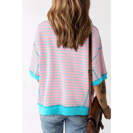 Pink Stripe Easter Rabbit Graphic Contrast Banded Drop Shoulder Tee