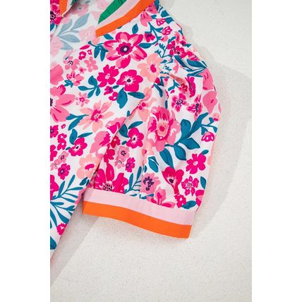 Pink Floral Print Contrast Striped Detail Short Sleeve Blouse