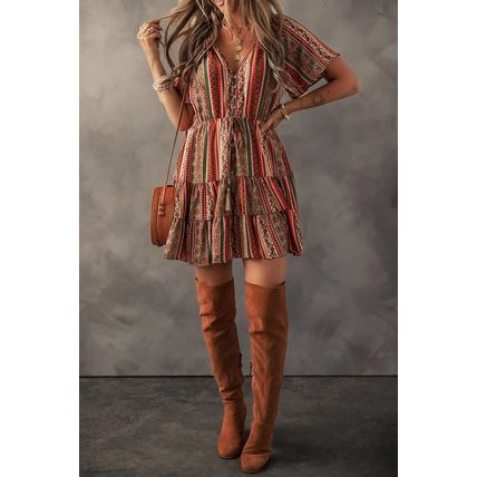 Red Bohemian Floral Print Buttoned V Neck Ruffle Tiered Dress