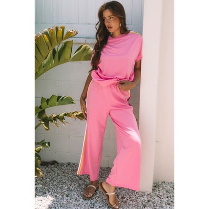 Bonbon Color Contrast Crewneck T Shirt and Wide Leg High Waist Pants Set