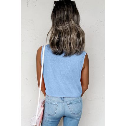 Beau Blue Mineral Wash Patched Chest Pocket Casual Tank Top