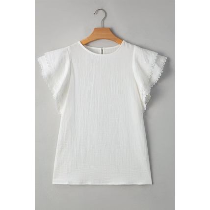 White Crinkled Layered Ruffled Flutter Sleeve Blouse