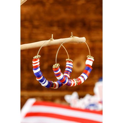 Dark Blue American Flag Inspired Beaded Large Hoop Earrings
