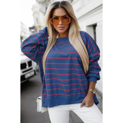 Blue Stripe Stylish Overlap Detail Drop Shoulder Pullover Sweatshirt
