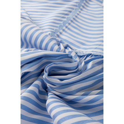 Sky Blue Stripe Shirt Collar V Neck Ricrac Trim 3/4 Puff Sleeve Blouse