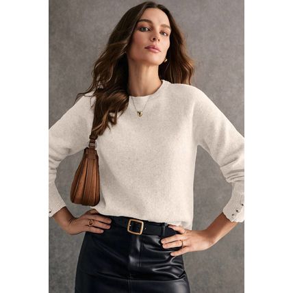 White Buttoned Bishop Sleeve Crew Neck Sweater