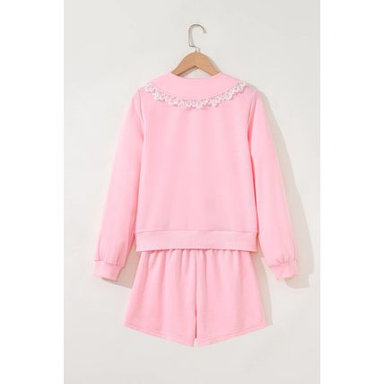 Pink Peter Pan Lace Embellished Neck Collision Sweatshirt and Skirt Two Piece Se