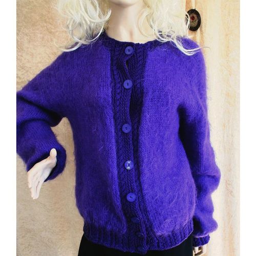 Vintage 1980 Hand Made Purple Mohair Cardigan Size 16 18 UK Womens