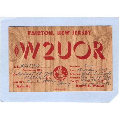 New Jersey Fairton QSL Card W2UOR Henry S Wallin Main St Fairton NJ~744