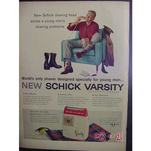 SCHICK VARSITY ELECTRIC SHAVER 1957 young men razor vintage ad