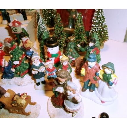 58 pc Lot of Small Christmas Village Accessories With 2 Inch Adult Figures