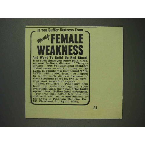 1943 Lydia E. Pinkham's Compound Ad - Female Weakness