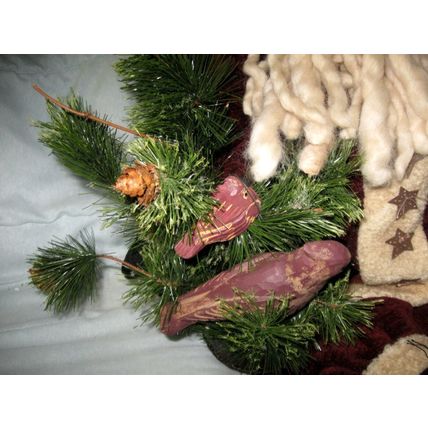 Santa Claus Doll in Burgundy Outfit w/very long cap, bird and evergreens