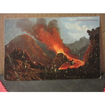 MOUNT VESUVIUS ERUPTING, SORRENTO, ITALY unused antique postcard Hildesheimer =