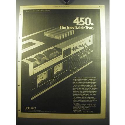 1975 Teac 450 Cassette Deck Advertisement - 450. The inevitable Teac