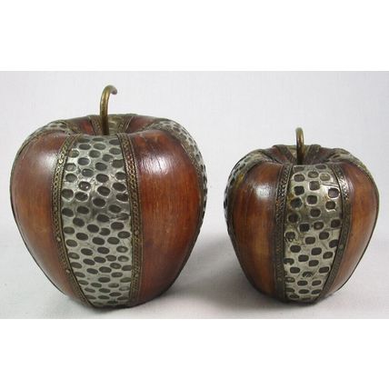 Pair of Heavy Wooden Apples w/ Metallic Accents, 1 Big & 1 Small, High End Decor