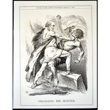 STRANGLING THE MONSTER 1881 John Tenniel William Gladstone PUNCH CARTOON PAGE