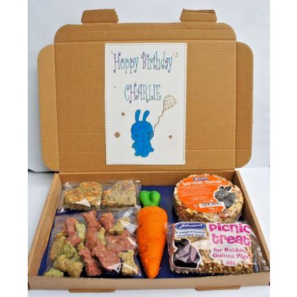 HOPPY BIRTHDAY BOY BUNNY BIRTHDAY BOX PERSONALISED & FILLED WITH RABBIT TREATS
