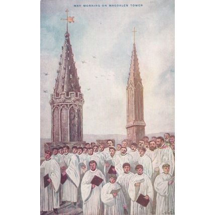 EC103 OXFORD - MAY MORNING ON MAGDALENE TOWER. COLOURED PRINTED POSTCARD