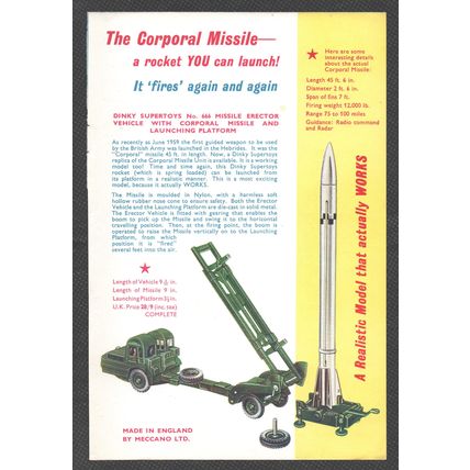 DINKY SUPERTOYS #666 CORPORAL MISSILE - : Original Vintage 1960 Magazine Advert