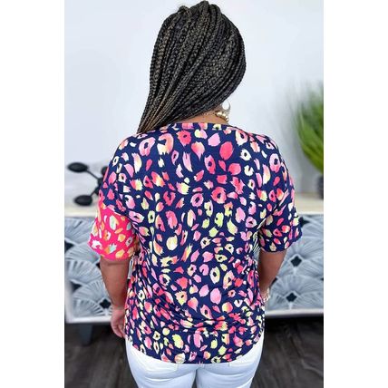 Plus Size Leopard Colorblock Short Sleeve Top
