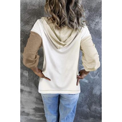Khaki & Black Colorblock V Neck Long Sleeve Hoodie