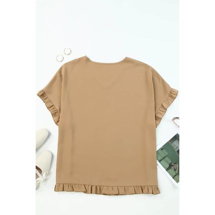 Khaki Ruffle Trim Short Sleeve Oversize Blouse