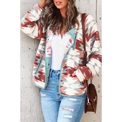 Red Western Aztec Buttoned Zipper Pockets Fleece Jacket