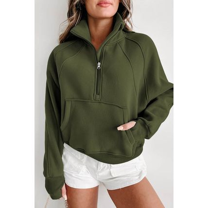 Green Zip Up Stand Collar Ribbed Thumbhole Sleeve Sweatshirt