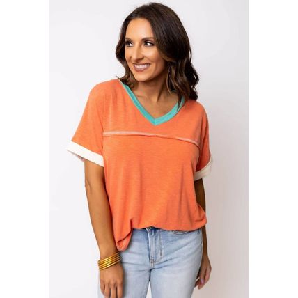 Grapefruit Orange Contrast Trim Exposed Seam V Neck T-shirt
