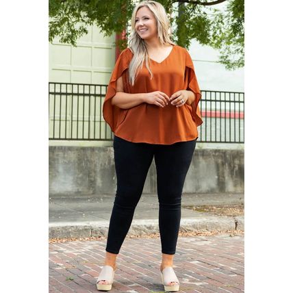 Gold Flame Plus Size Solid Wrapped Ruffled Sleeve V Neck Blouse