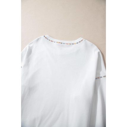 White Contrast Rainbow Trim Drop Shoulder Pullover Sweatshirt