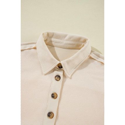 Jet Stream Waffle Long Sleeve Collar Half Button Loose Top