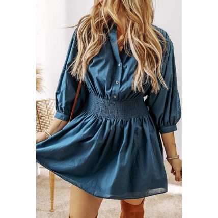 Prussian Blue 3/4 Sleeve Shirred High Waist Buttoned Mini Dress