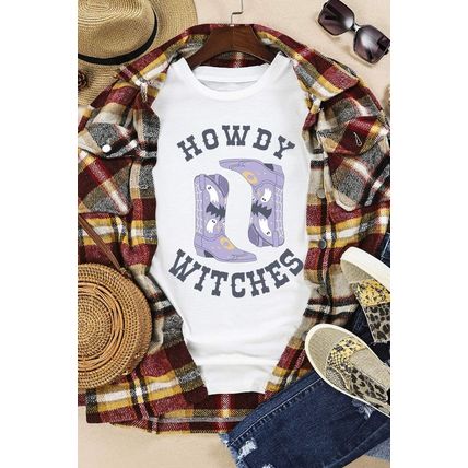 White HOWDY WITCHES Halloween Boots Crewneck T Shirt