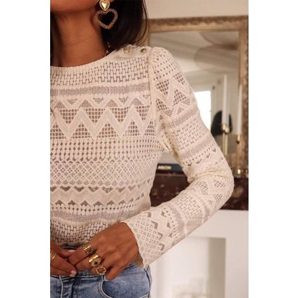 White Geometric Lace Buttoned Decor Long Sleeve Blouse
