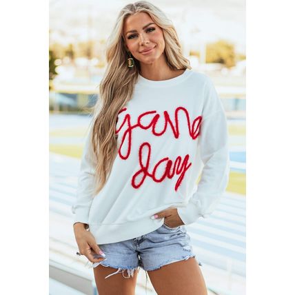 White Tinsel Game Day Drop Shoulder Graphic Sweatshirt