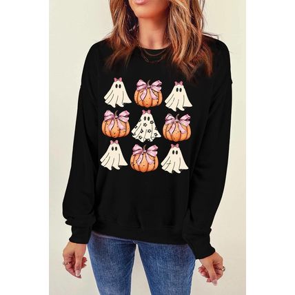 Black Halloween Bowknot Ghost Pumpkin Graphic Crewneck Sweatshirt