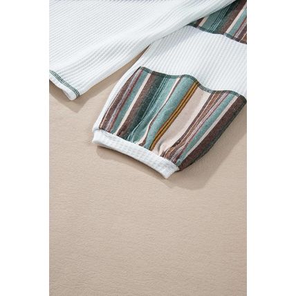White Striped Patchwork Exposed Seam Waffle Knit Top