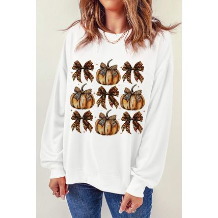Beige Pumpkin Leopard Bow Knot Print Pullover Sweatshirt