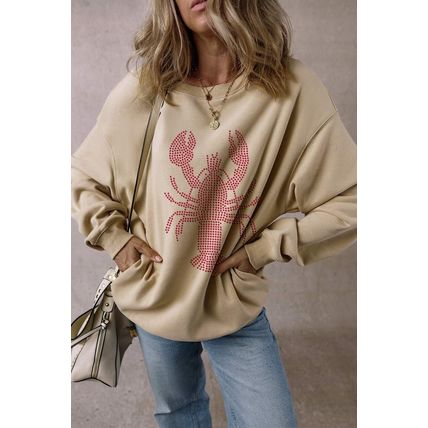 Parchment Rhinestone Crawfish Graphic Crewneck Oversized Sweatshirt