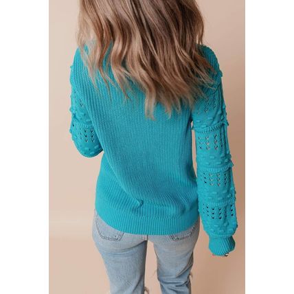 Turquoise Ruffled Eyelet Bubble Sleeve Sweater
