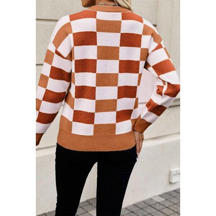 Orange Checkered Ribbed Edge O Neck Drop Shoulder Sweater