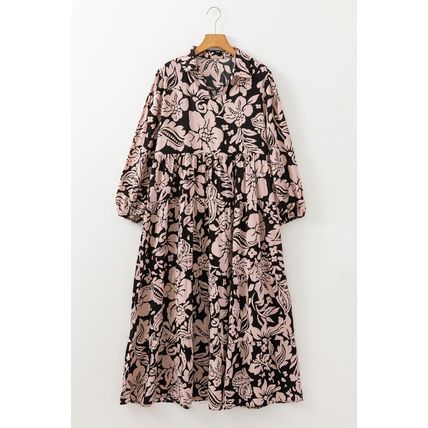 Black Plus Size Floral Printed Puff Sleeve Collared Maxi Dress