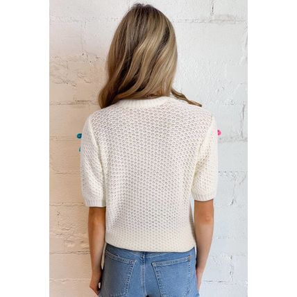 White Colorful Bow Knit Mock Neck Short Sleeve Sweater